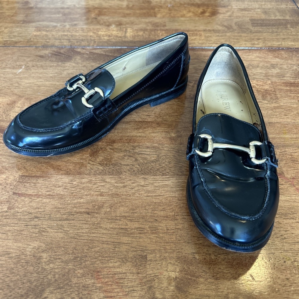 J. Crew Horsebit Loafers Womens 7.5 Black Patent Vegan Leather Gold Slip on Shoe